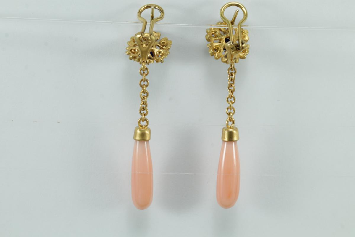 Vintage Coral Diamonds Sapphire Gold Earrings-photo-4