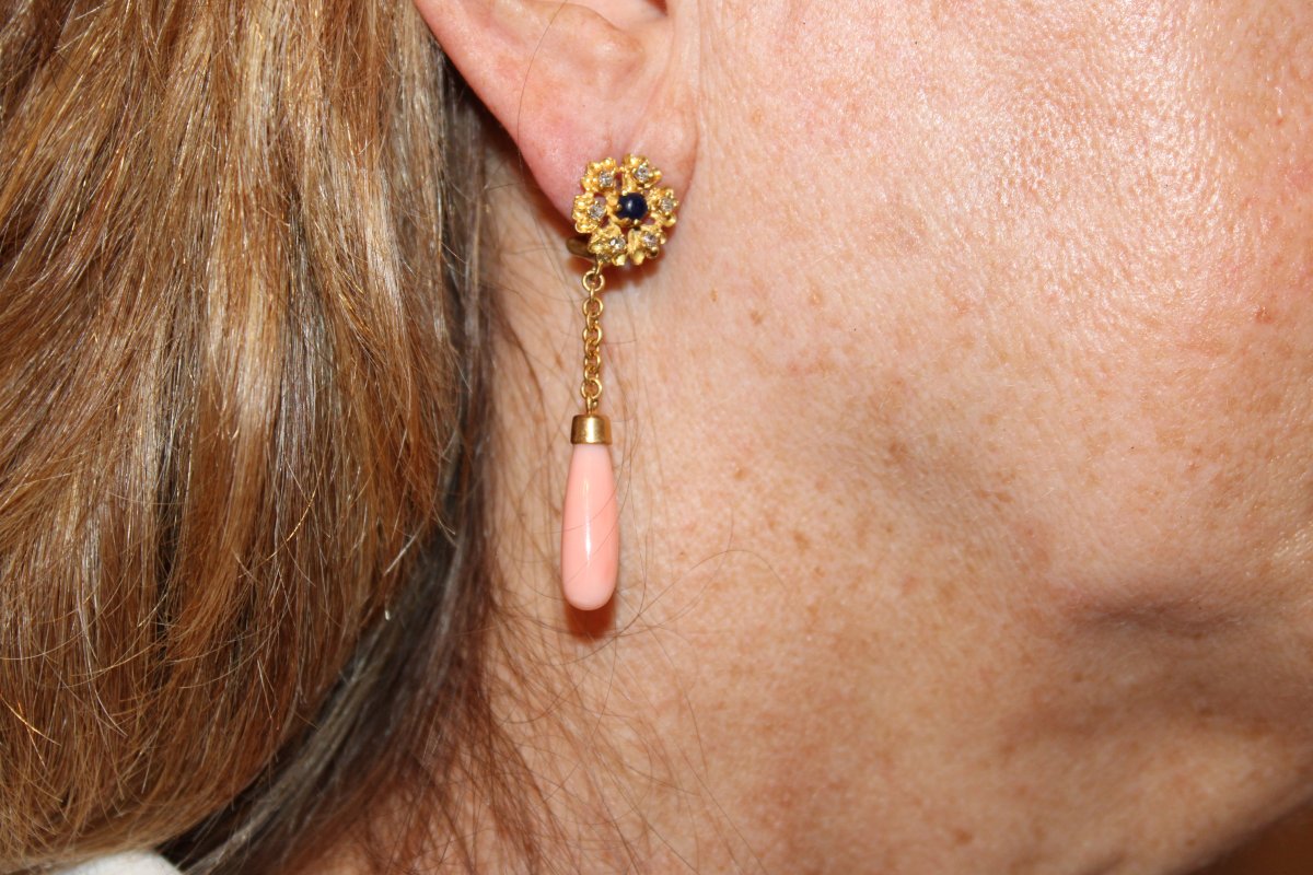 Vintage Coral Diamonds Sapphire Gold Earrings-photo-5
