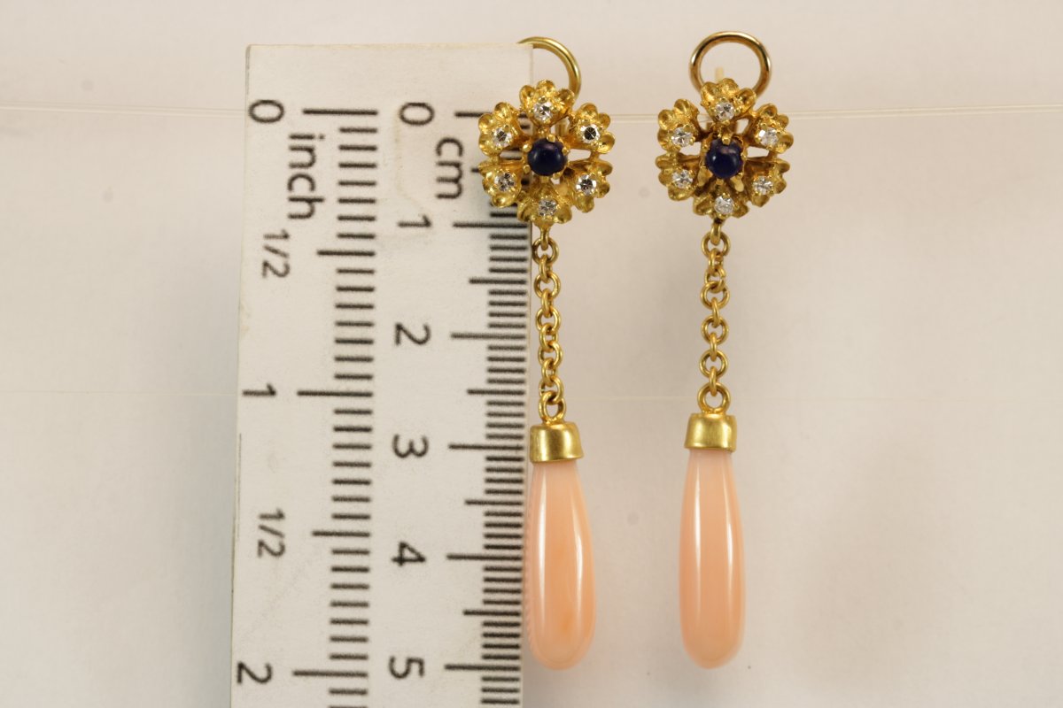 Vintage Coral Diamonds Sapphire Gold Earrings-photo-6