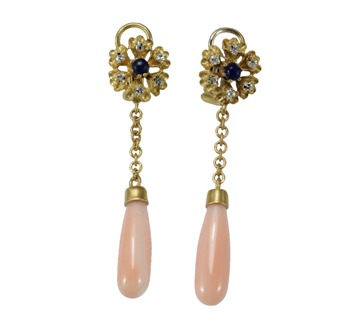 Vintage Coral Diamonds Sapphire Gold Earrings