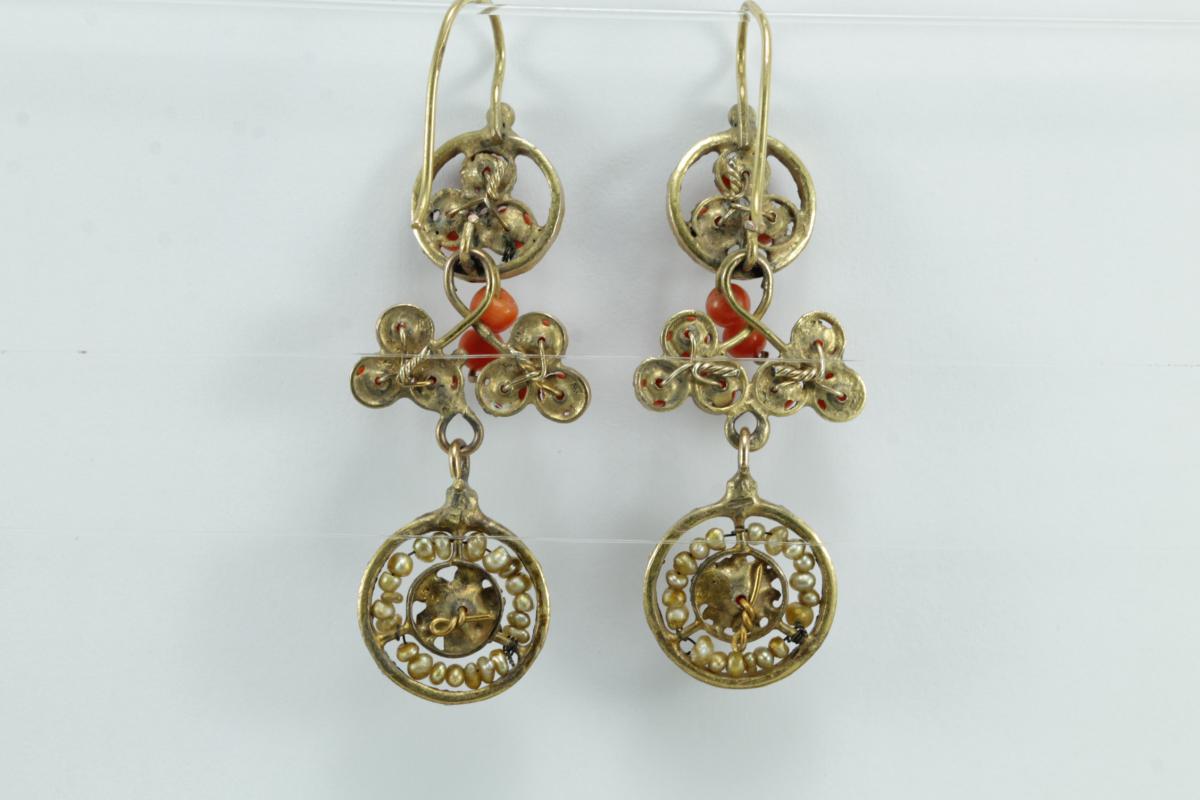 Antique Coral Pearls Gold Earrings-photo-1
