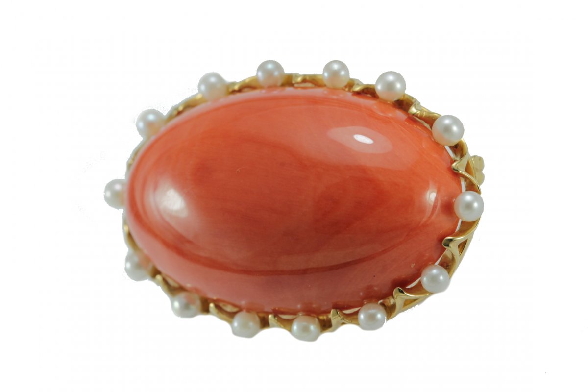 Vintage Big Red Coral Gold Brooch-photo-3