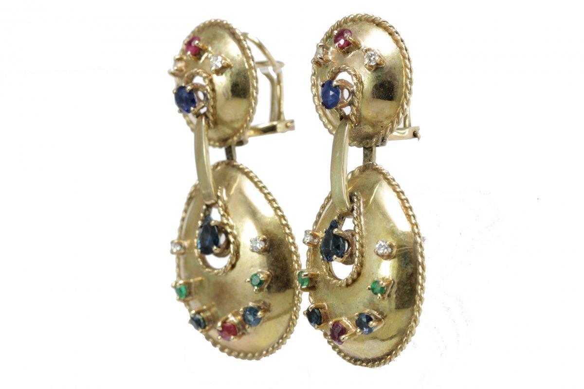 Boucles d'Oreilles Vintage Or Diamants Saphires Emerauds Rubis-photo-2