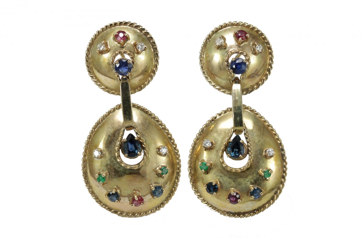 Vintage Diamonds Zafires Emeralds Rubies Gold Earrings