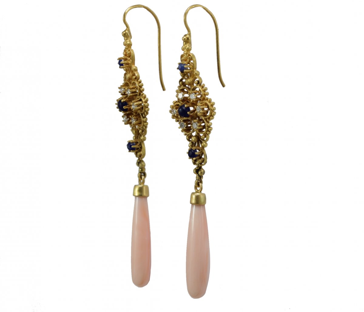 Vintage Coral Sapphires Diamonds Gold Earrings-photo-2