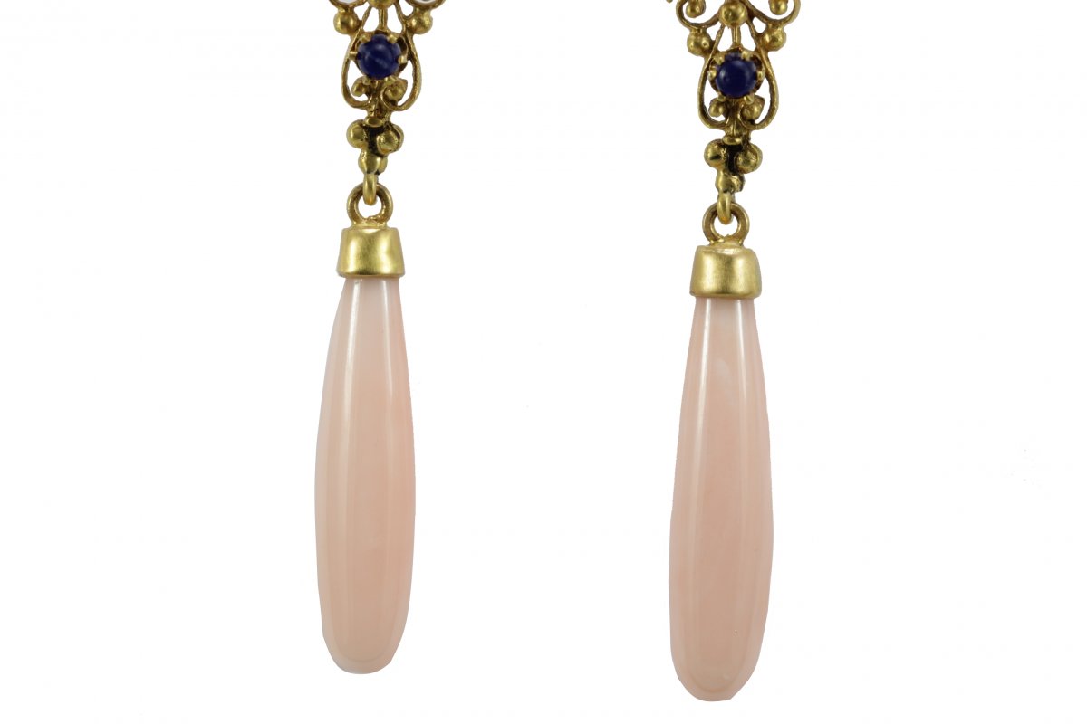 Vintage Coral Sapphires Diamonds Gold Earrings-photo-4