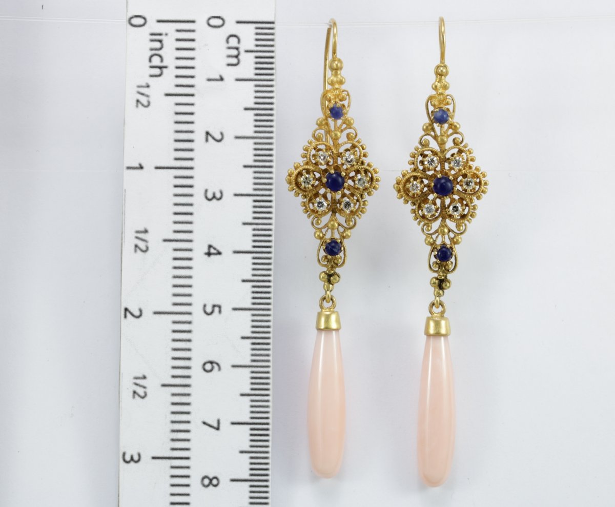 Vintage Coral Sapphires Diamonds Gold Earrings-photo-2