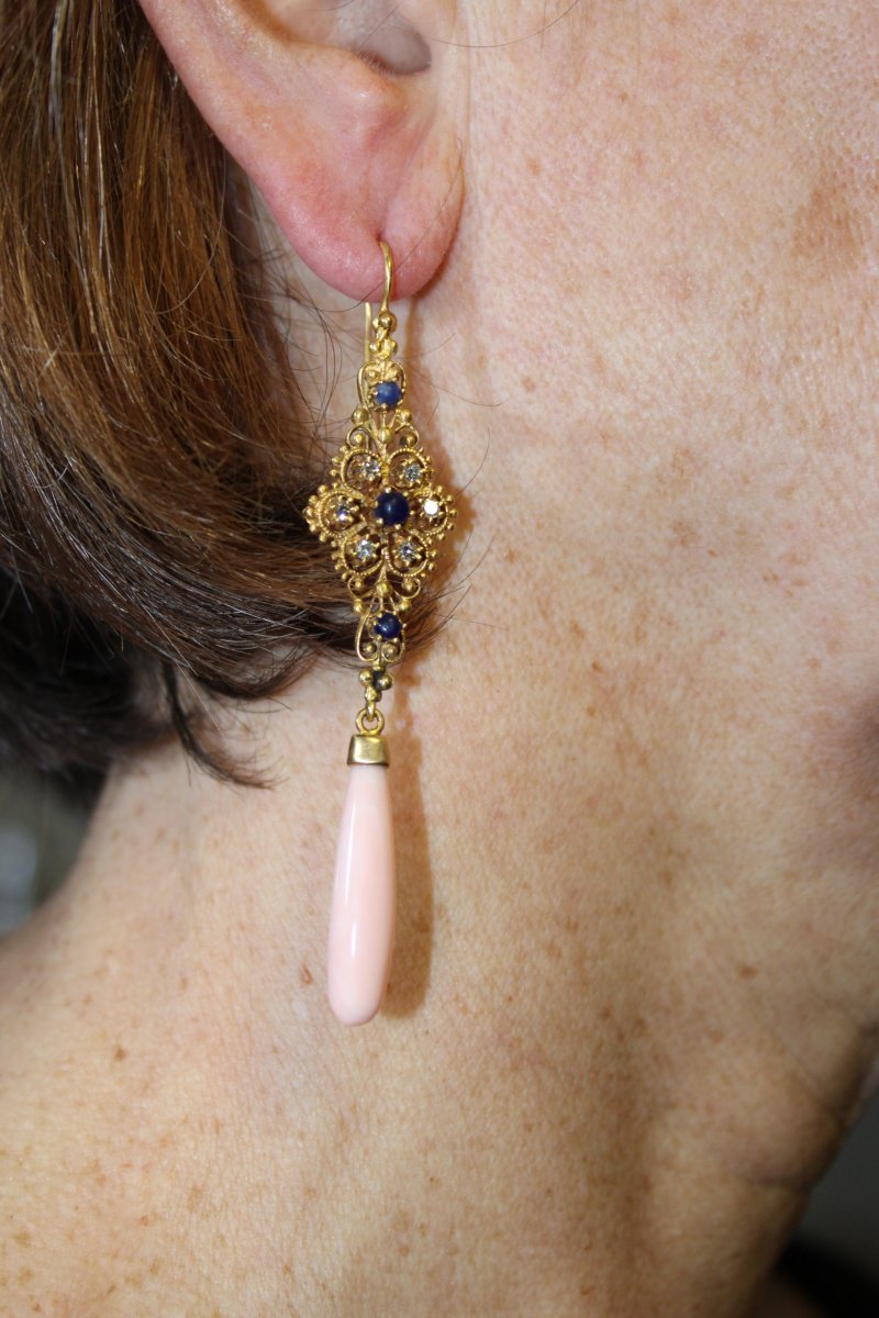 Vintage Coral Sapphires Diamonds Gold Earrings-photo-3