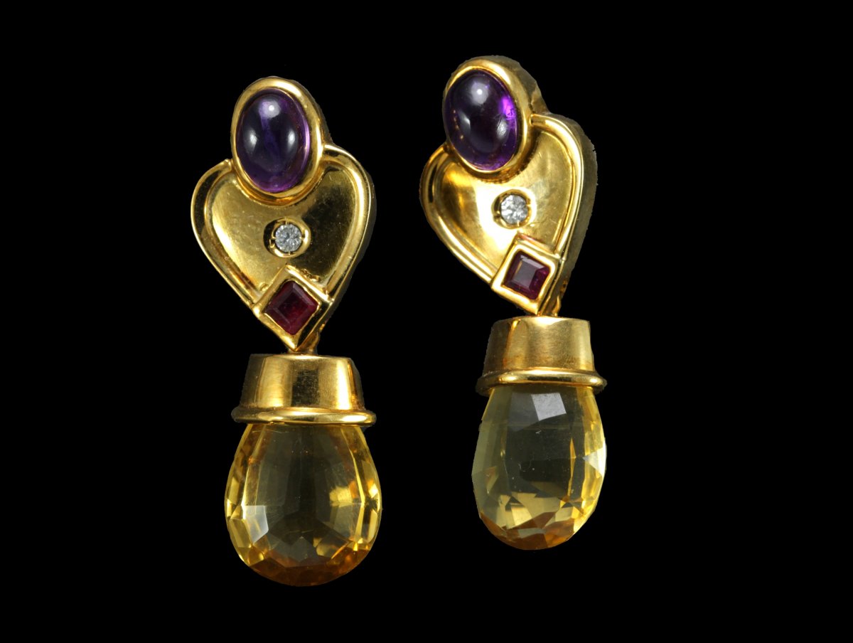 Vintage Citrine Amethyst Diamond Ruby Gold Earrings-photo-2