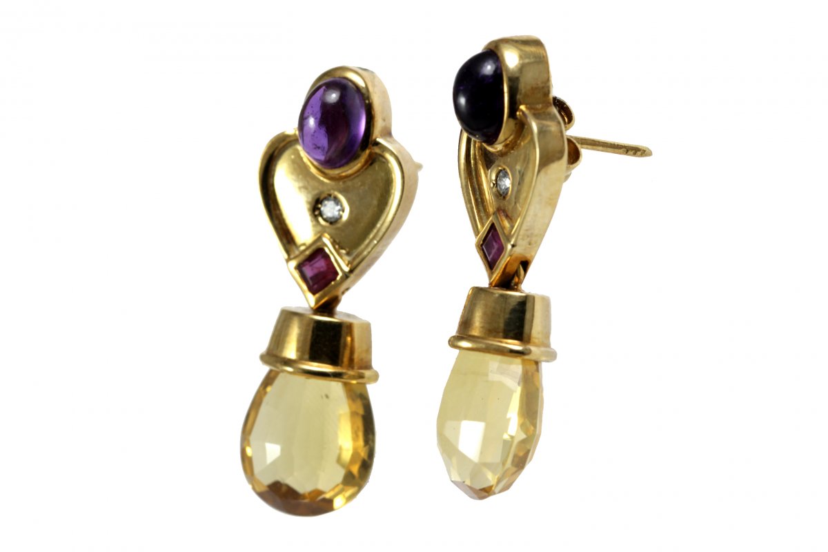 Boucles d'Oreilles Vintage Or Citrine Amethyste Diamants Rubis-photo-3