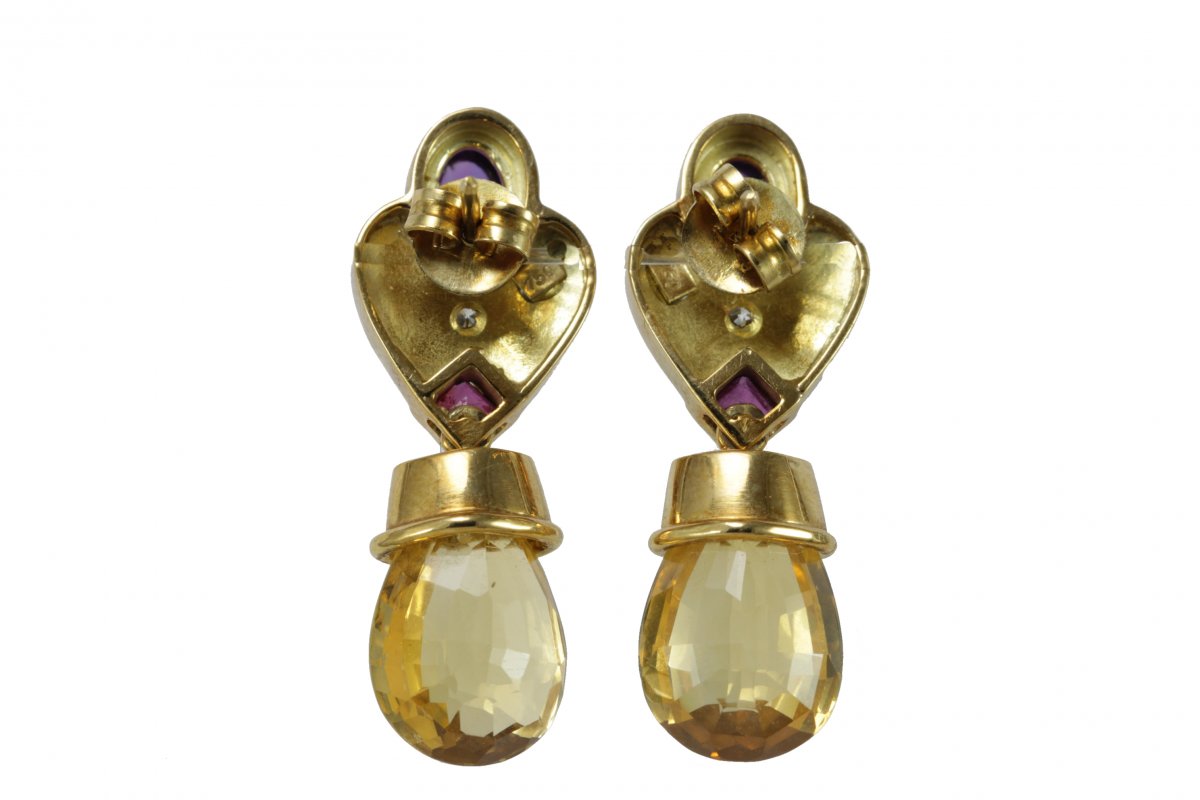 Vintage Citrine Amethyst Diamond Ruby Gold Earrings-photo-2