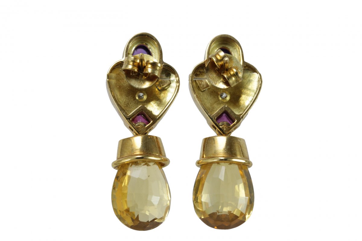 Boucles d'Oreilles Vintage Or Citrine Amethyste Diamants Rubis-photo-2