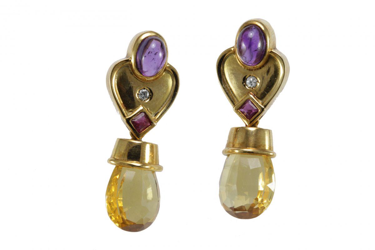 Vintage Citrine Amethyst Diamond Ruby Gold Earrings