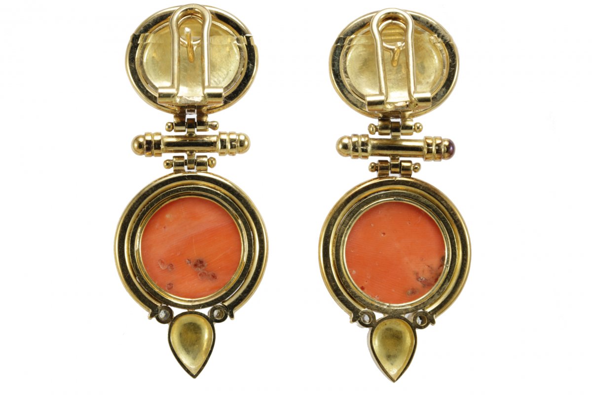 Boucles d'Oreilles Vintage Or  Corail Diamants-photo-1