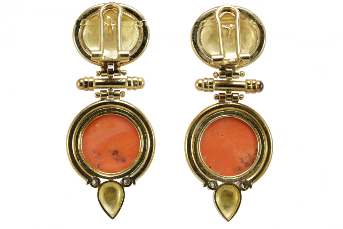 Vintage Coral Diamonds Gold Earrings-photo-1