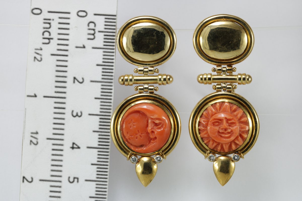 Vintage Coral Diamonds Gold Earrings-photo-3