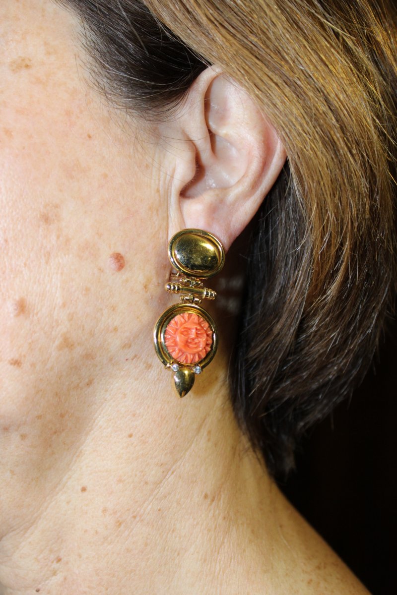 Vintage Coral Diamonds Gold Earrings-photo-4