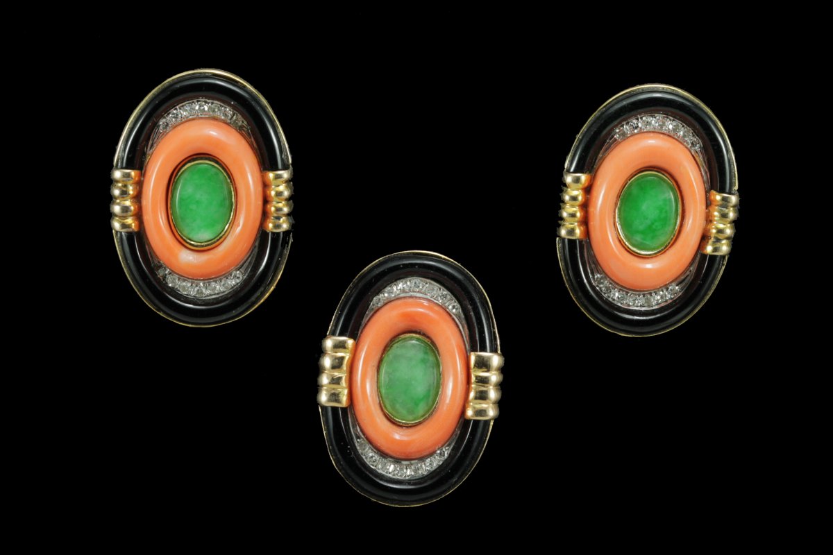 Boucles d'Oreilles Bague Vintage Or Jade Corail Onyx-photo-2