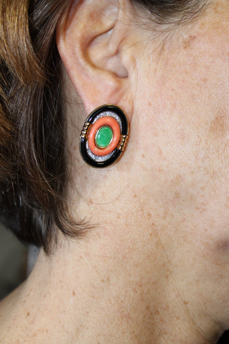 Boucles d'Oreilles Bague Vintage Or Jade Corail Onyx-photo-7