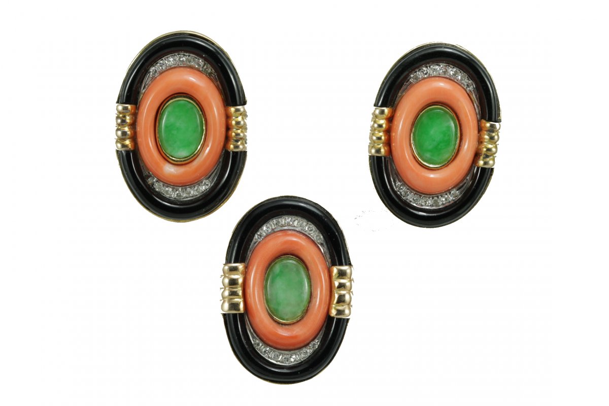 Boucles d'Oreilles Bague Vintage Or Jade Corail Onyx