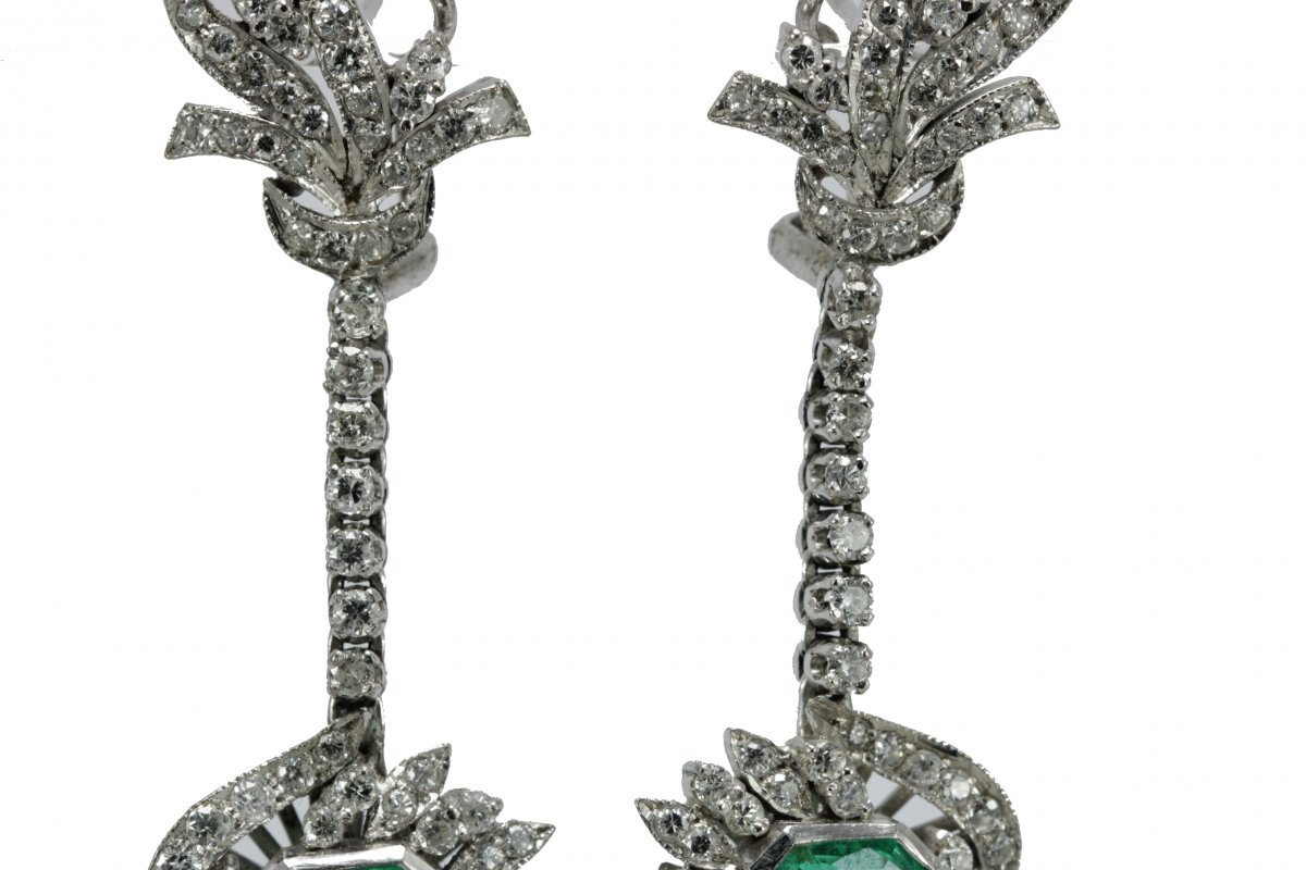 Art Decò Emerald Diamond Platinum Drop Earrings-photo-4