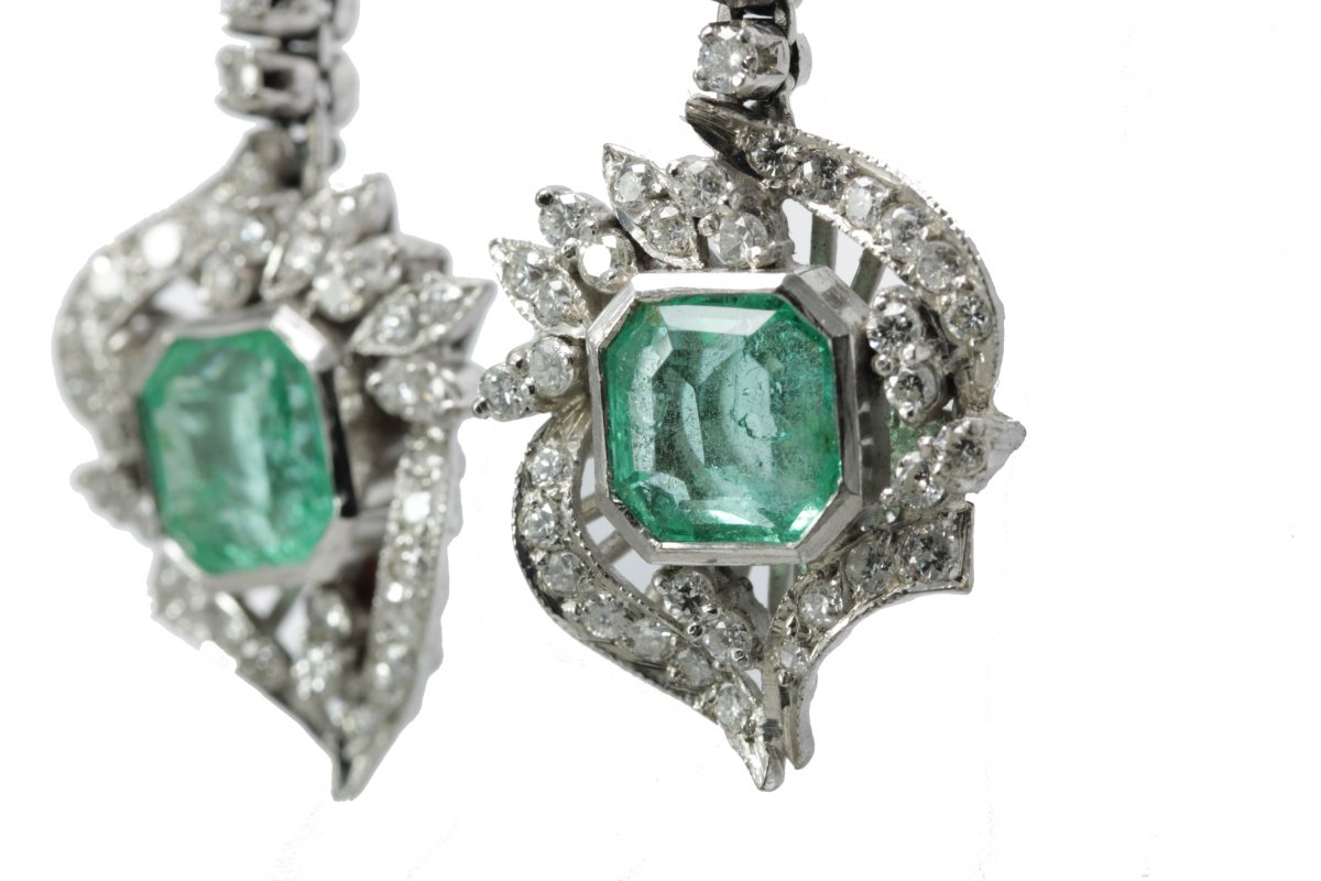 Art Decò Emerald Diamond Platinum Drop Earrings-photo-2