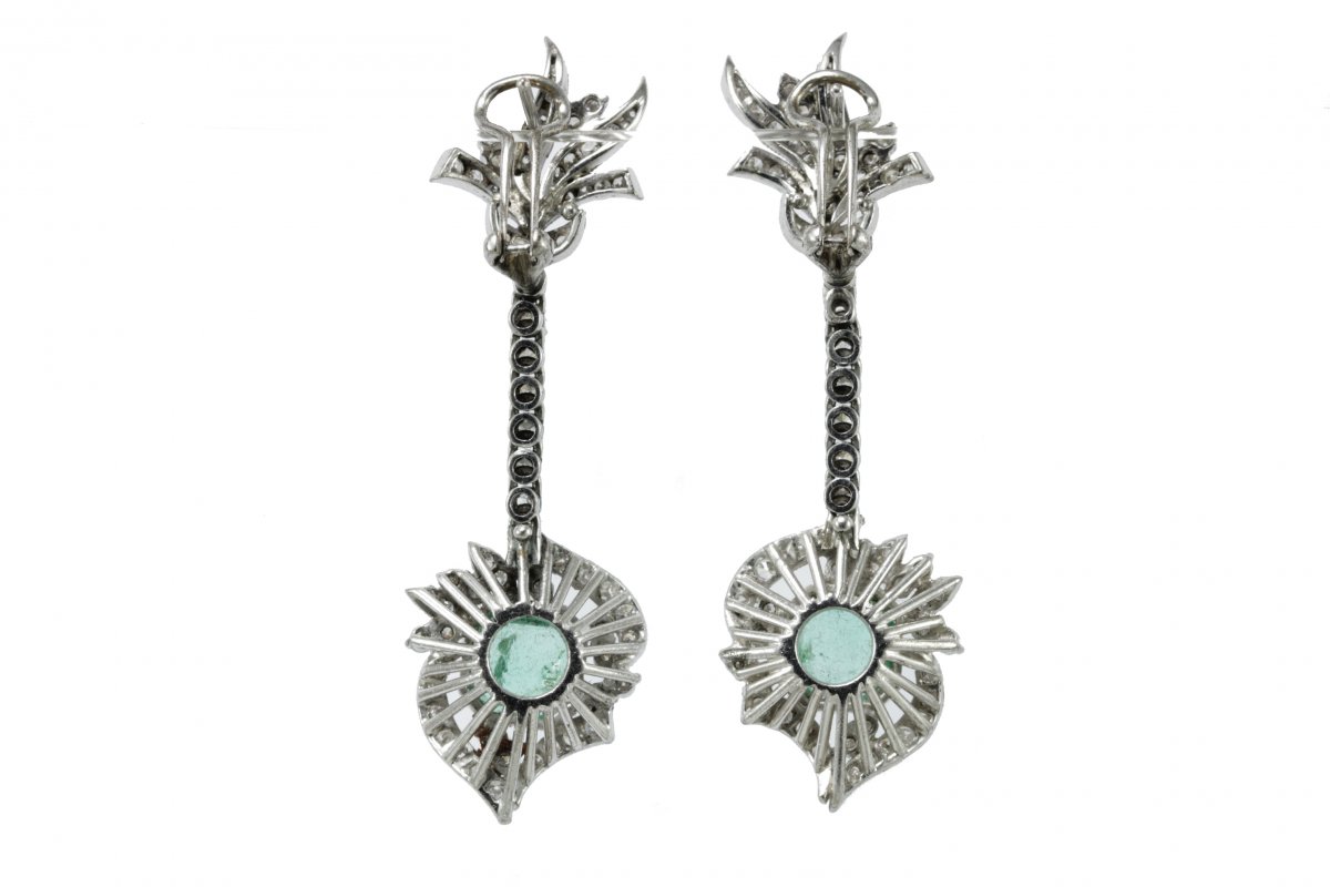 Art Decò Emerald Diamond Platinum Drop Earrings-photo-3