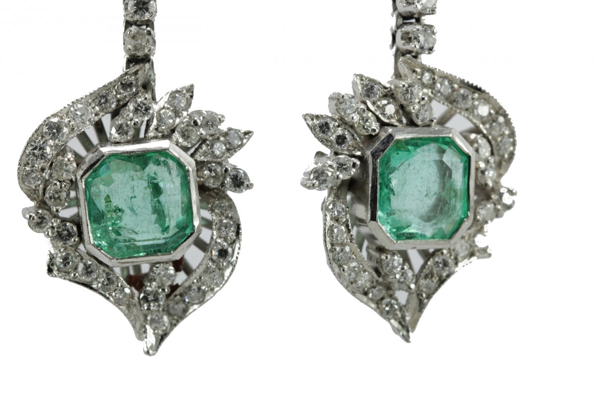 Art Decò Emerald Diamond Platinum Drop Earrings-photo-1