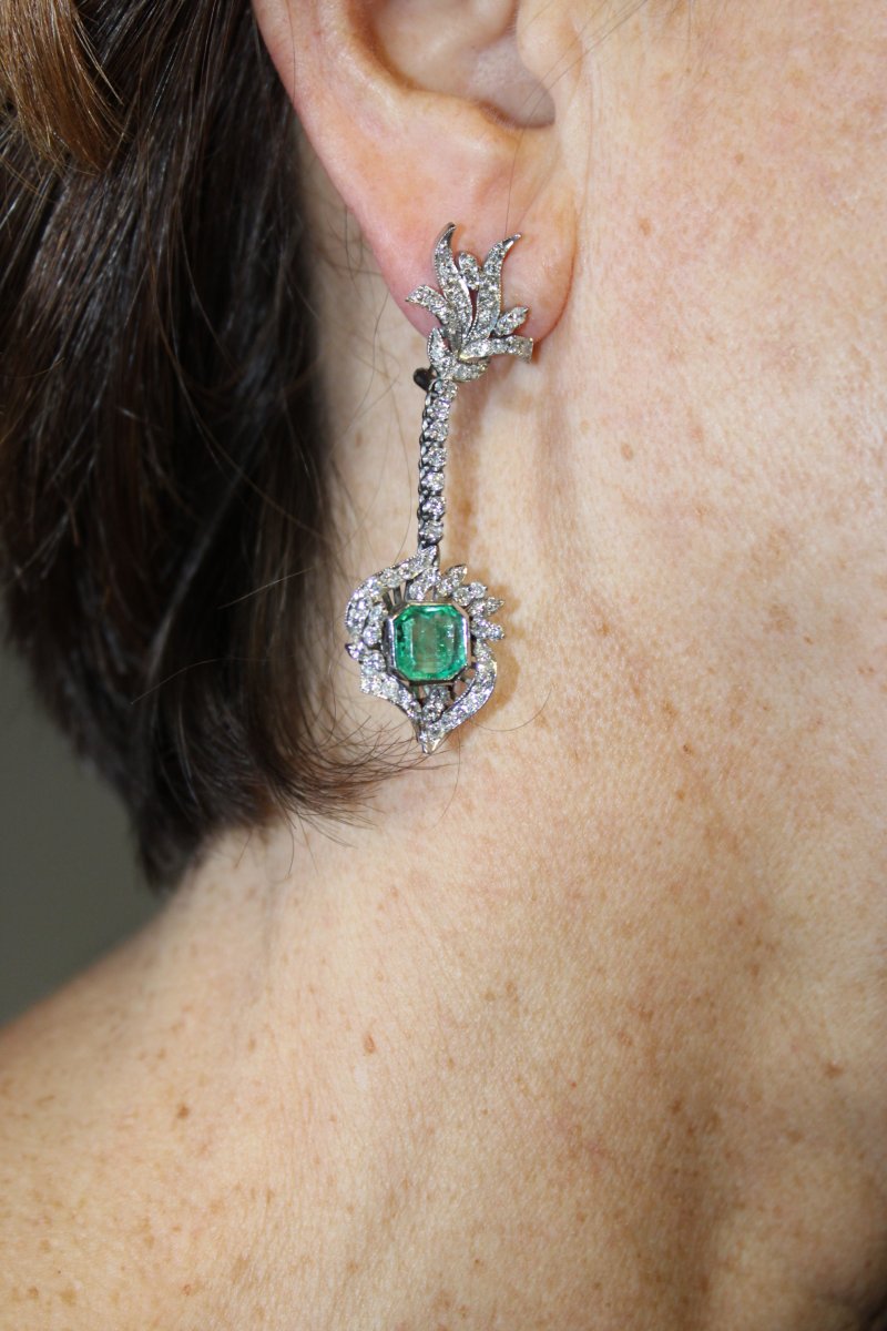 Art Decò Emerald Diamond Platinum Drop Earrings-photo-5