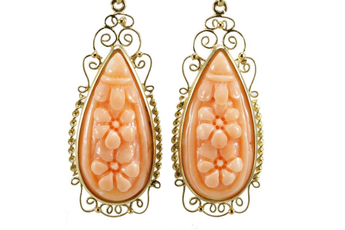 Vintage Coral Gold Filigree  Earrings-photo-4