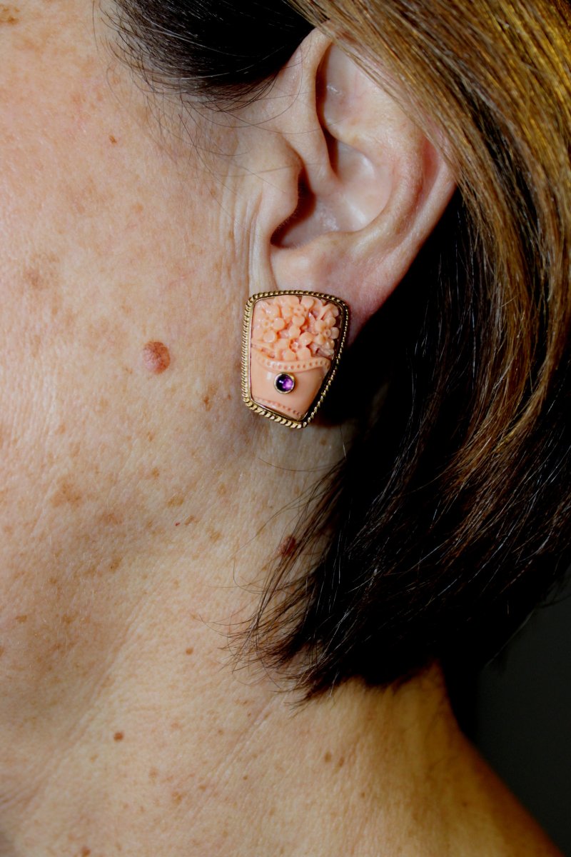 Boucles d'Oreilles Vintage Or  Corail Saphir-photo-4