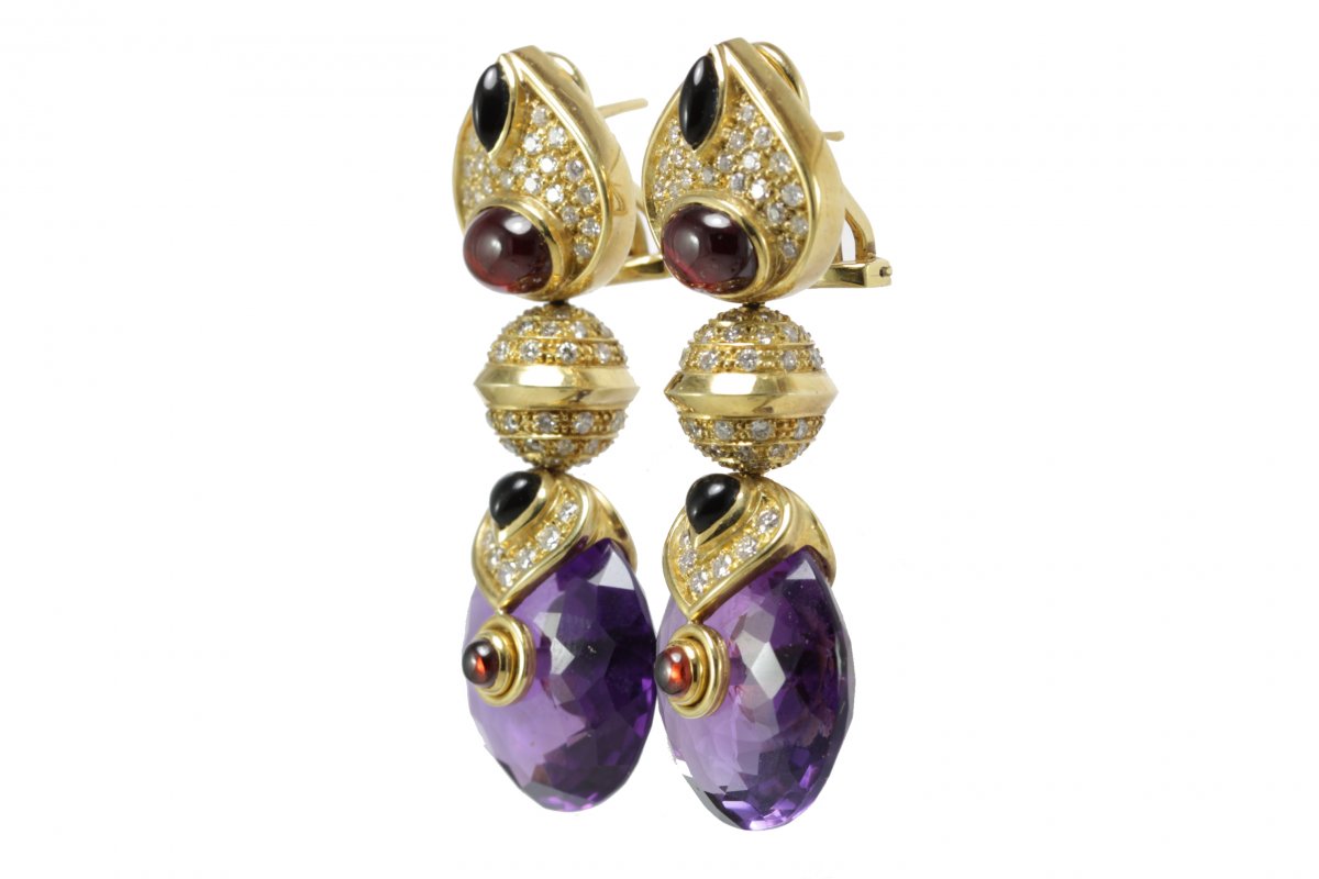 Vintage Amethyst Onyx Ruby Diamond Gold Earrings-photo-3