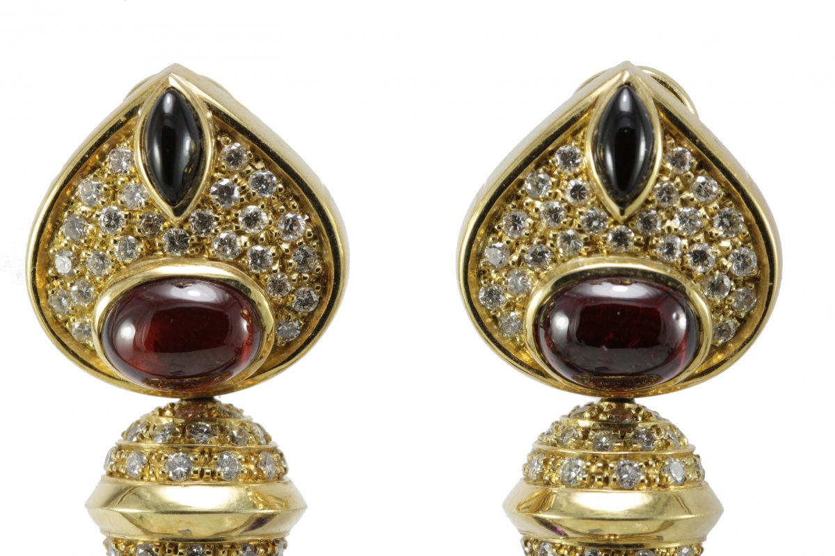 Boucles d'Oreilles Vintage Or Amethyste Onyx Rubis Diamant-photo-4