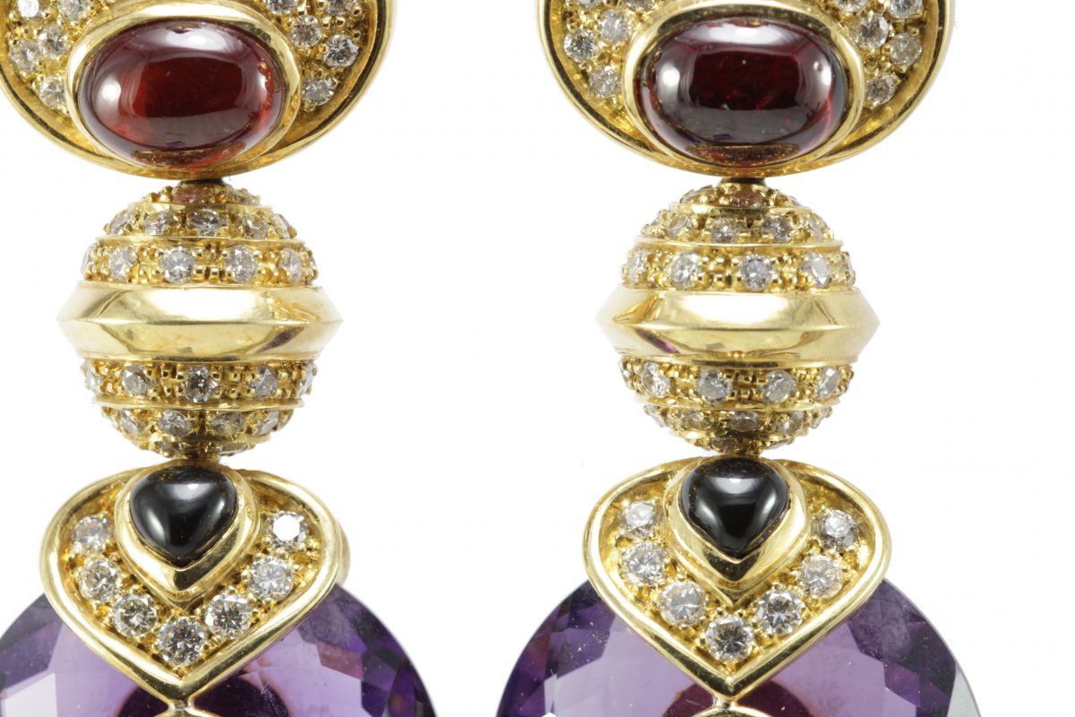 Vintage Amethyst Onyx Ruby Diamond Gold Earrings-photo-1