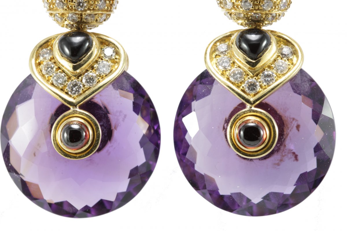 Vintage Amethyst Onyx Ruby Diamond Gold Earrings-photo-2