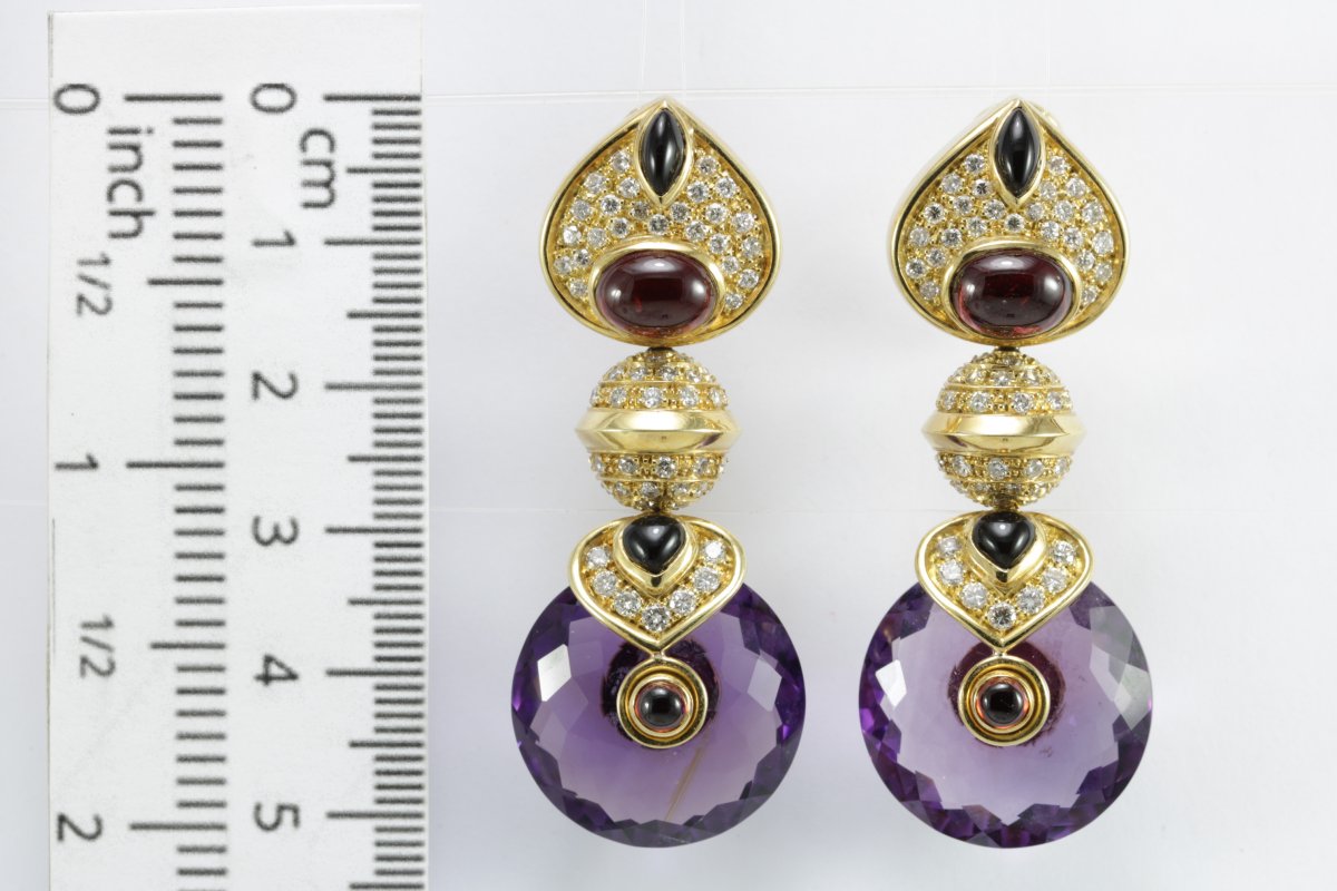 Vintage Amethyst Onyx Ruby Diamond Gold Earrings-photo-5