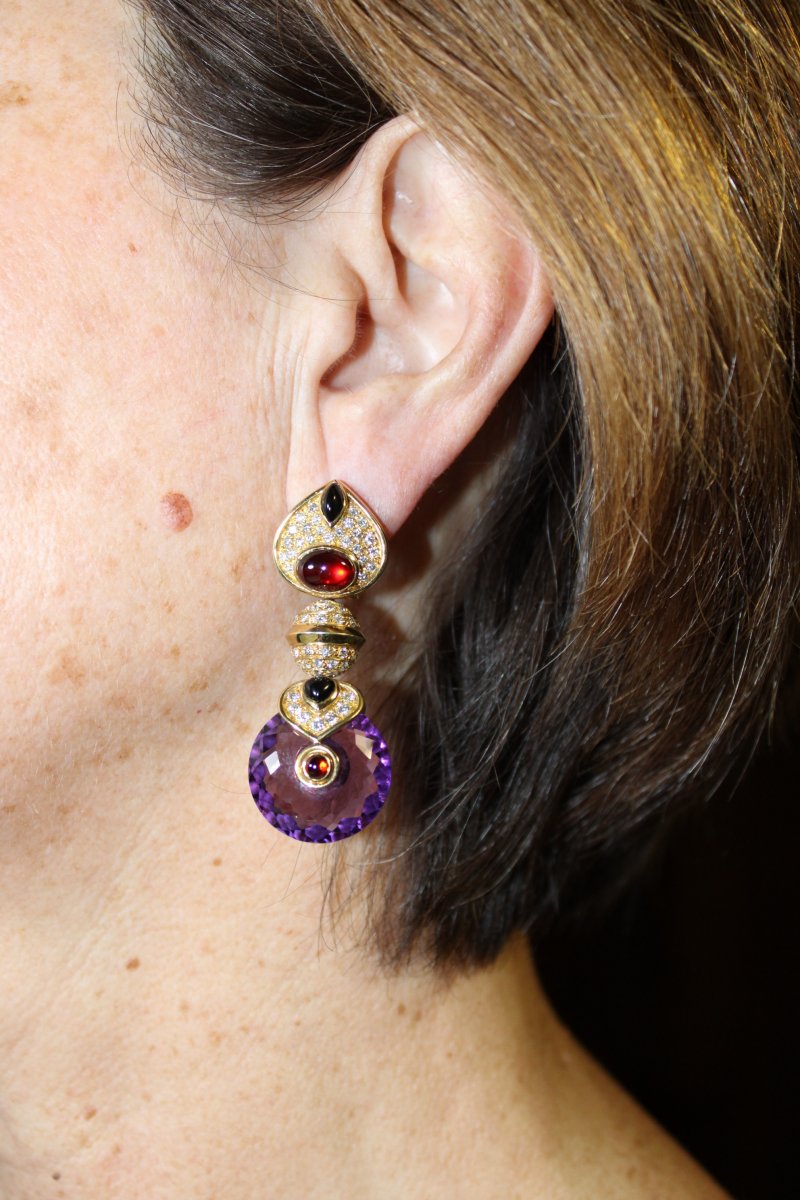 Vintage Amethyst Onyx Ruby Diamond Gold Earrings-photo-6