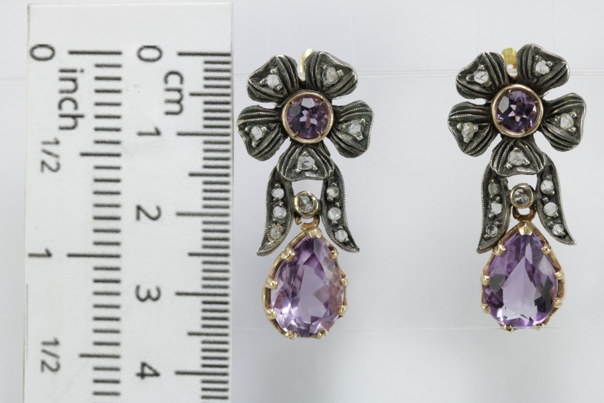 Boucles d'Oreilles Anciennes Or Amethyste Diamant-photo-3