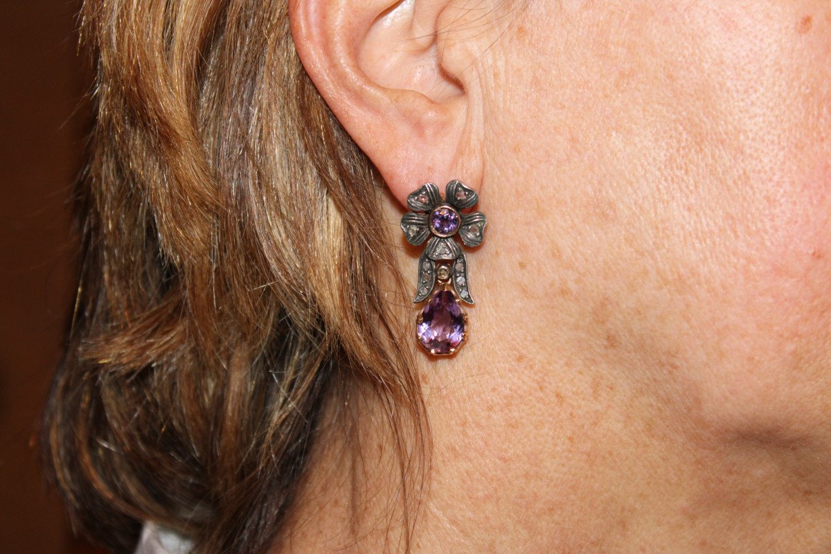 Boucles d'Oreilles Anciennes Or Amethyste Diamant-photo-5
