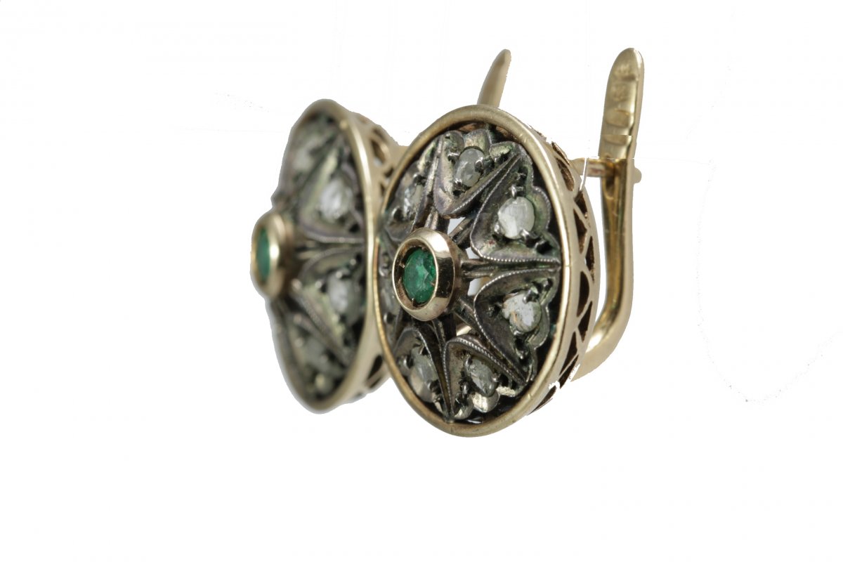 Antique Gold Emerald Diamond Earrings-photo-2