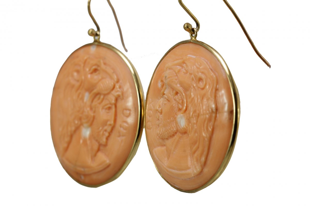 Vintage Coral Cameos  Gold Earrings-photo-2