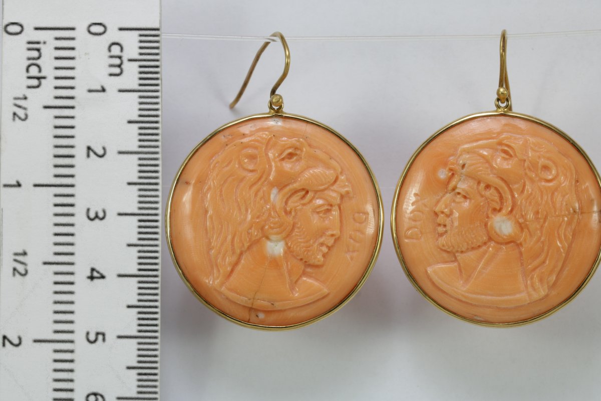 Vintage Coral Cameos  Gold Earrings-photo-2