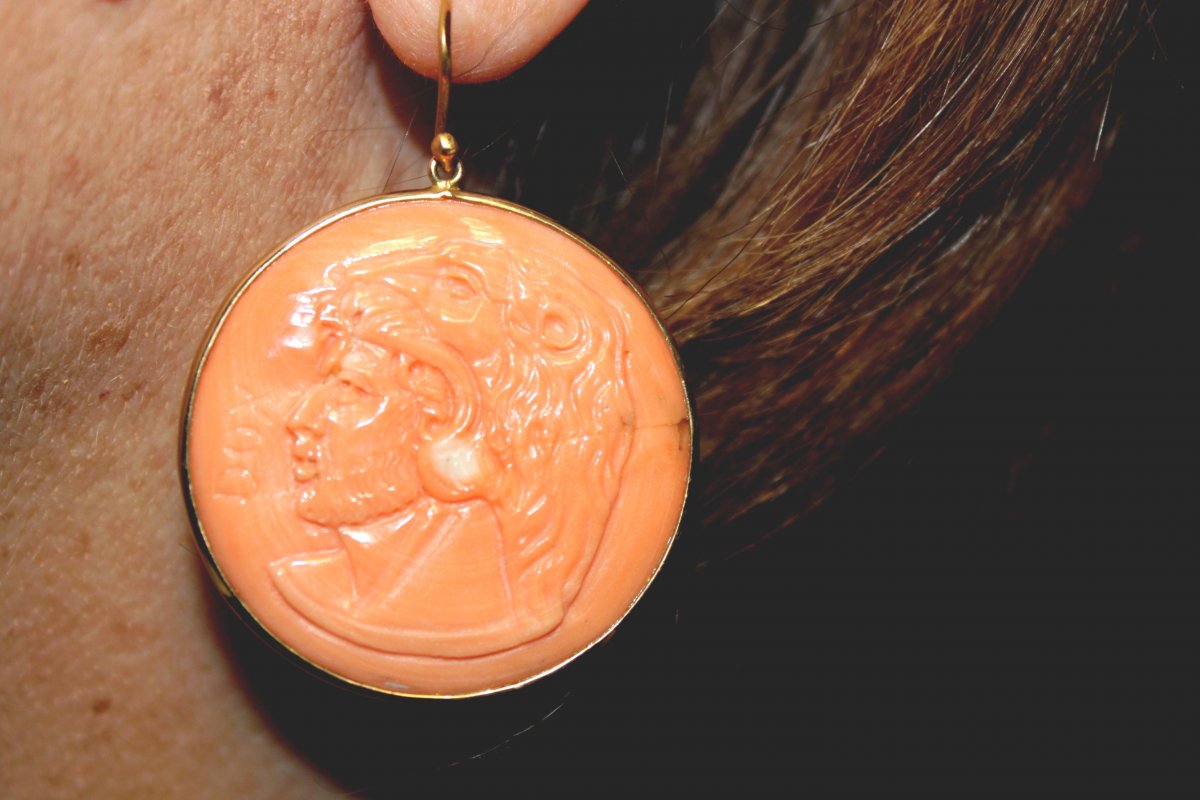 Vintage Coral Cameos  Gold Earrings-photo-3