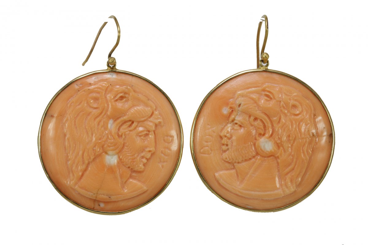 Vintage Coral Cameos  Gold Earrings