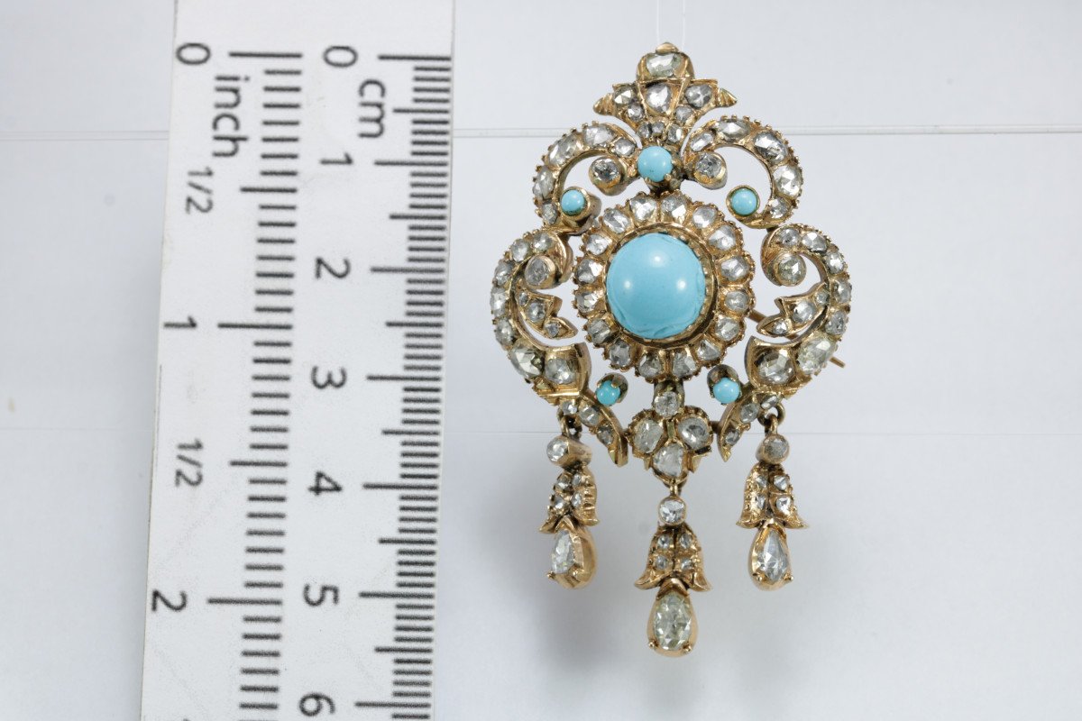 Broche Ancienne Or Diamants Turquoise-photo-2