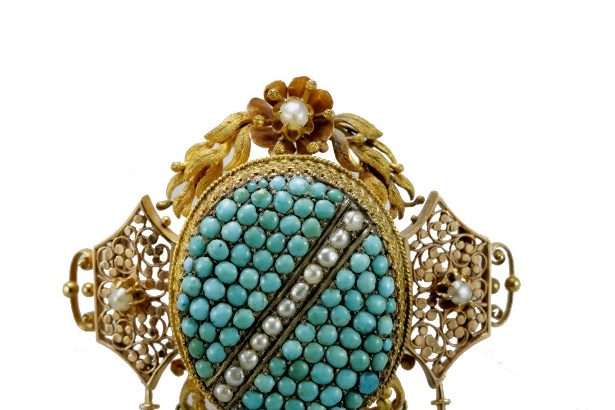 Antique Turquoise Pearls Gold Brooch-photo-3