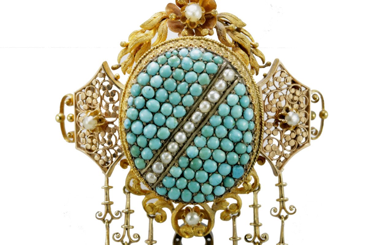 Antique Turquoise Pearls Gold Brooch-photo-4