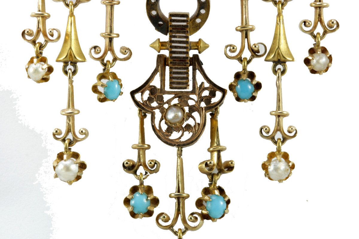 Antique Turquoise Pearls Gold Brooch-photo-2