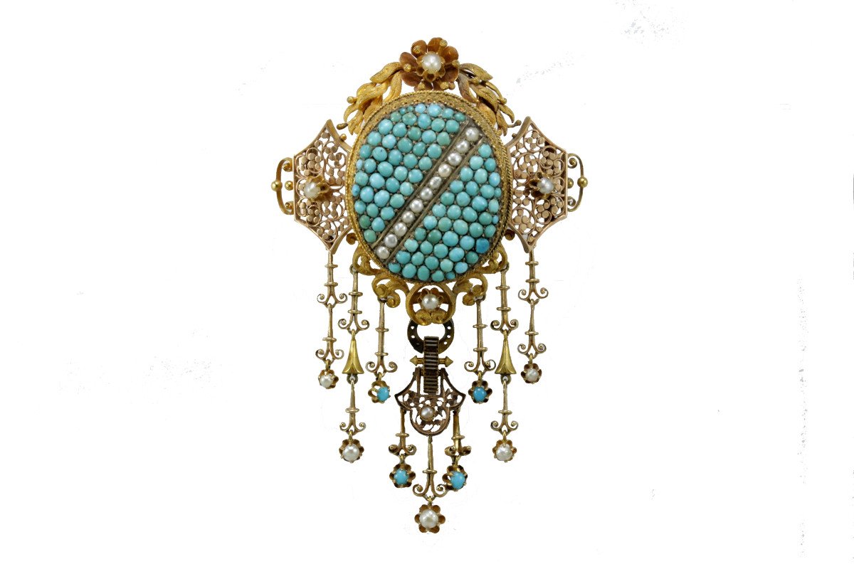 Antique Turquoise Pearls Gold Brooch