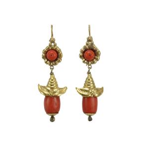 Boucles d'Oreilles Anciennes Or Corail